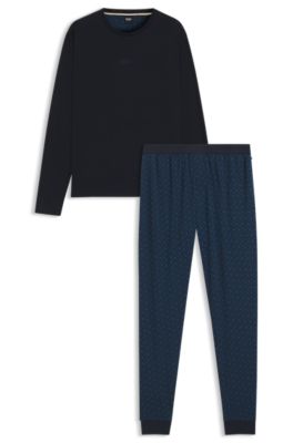 Cotton pyjama set with monograms and logos, Dark Blue
