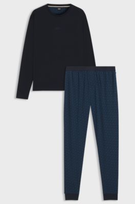 Cotton pyjama set with monograms and logos, Dark Blue
