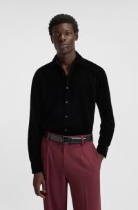 Slim-fit shirt in stretch velvet, Black