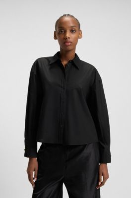Regular-fit blouse in cotton poplin, Black