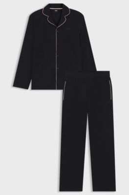 Melange pyjama set with signature-stripe piping, Black