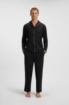 Melange pyjama set with signature-stripe piping, Black