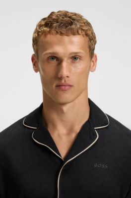 Melange pyjama set with signature-stripe piping, Black