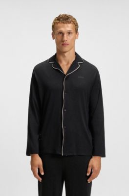 Melange pyjama set with signature-stripe piping, Black