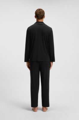 Melange pyjama set with signature-stripe piping, Black