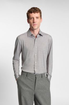 Slim-fit shirt in brushed performance-stretch flannel, Silver