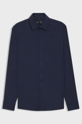 Slim-fit shirt in brushed performance-stretch flannel, Dark Blue