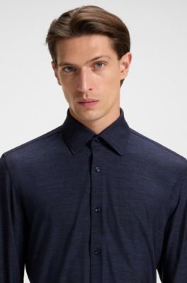 Camisa slim fit de franela el&aacute;stica t&eacute;cnica cepillada, Azul oscuro