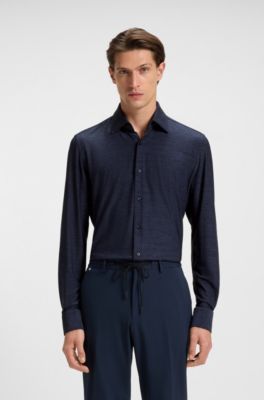 Camisa slim fit de franela el&aacute;stica t&eacute;cnica cepillada, Azul oscuro