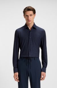 Slim-fit shirt in brushed performance-stretch flannel, Dark Blue
