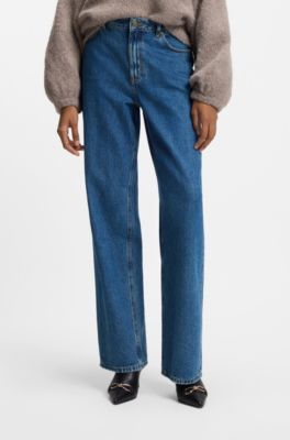 Wide-leg jeans in blue denim with stacked logo, Blue