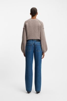 Wide-leg jeans in blue denim with stacked logo, Blue