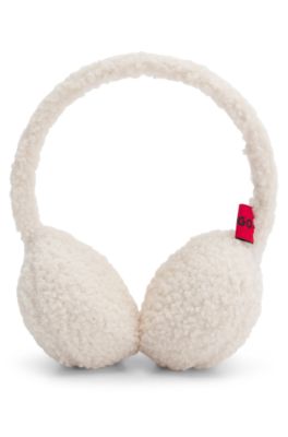 Teddy ear muffs with stacked-logo embroidery, Natural