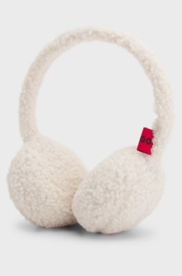 Teddy ear muffs with stacked-logo embroidery, Natural