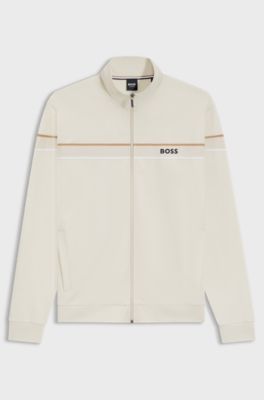 Zip-up jacket in cotton terry with tape trims, Natural
