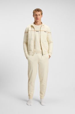 Zip-up jacket in cotton terry with tape trims, Natural