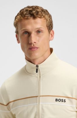 Zip-up jacket in cotton terry with tape trims, Natural