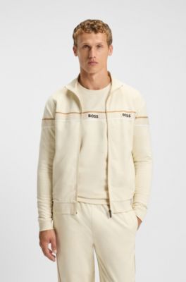 Veste zipp&eacute;e en molleton de coton avec bandes, Blanc