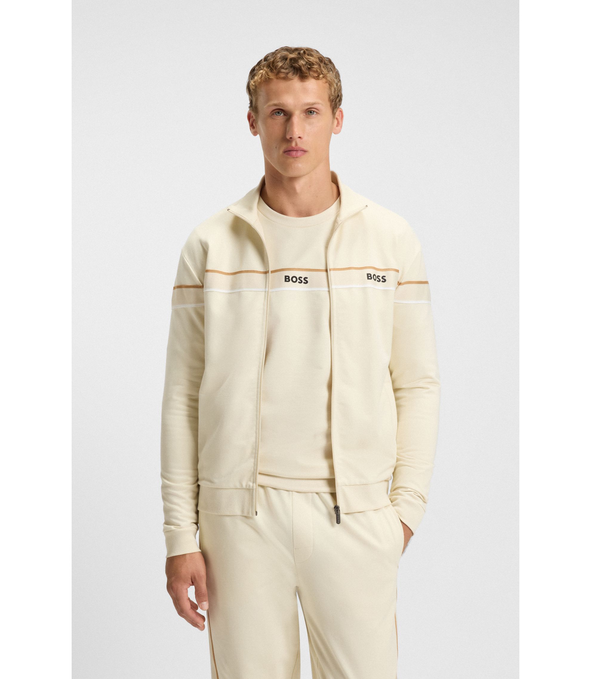 BOSS - Zip-up jacket in cotton terry with tape trims - White