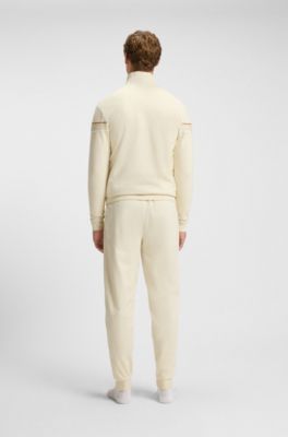 Zip-up jacket in cotton terry with tape trims, Natural