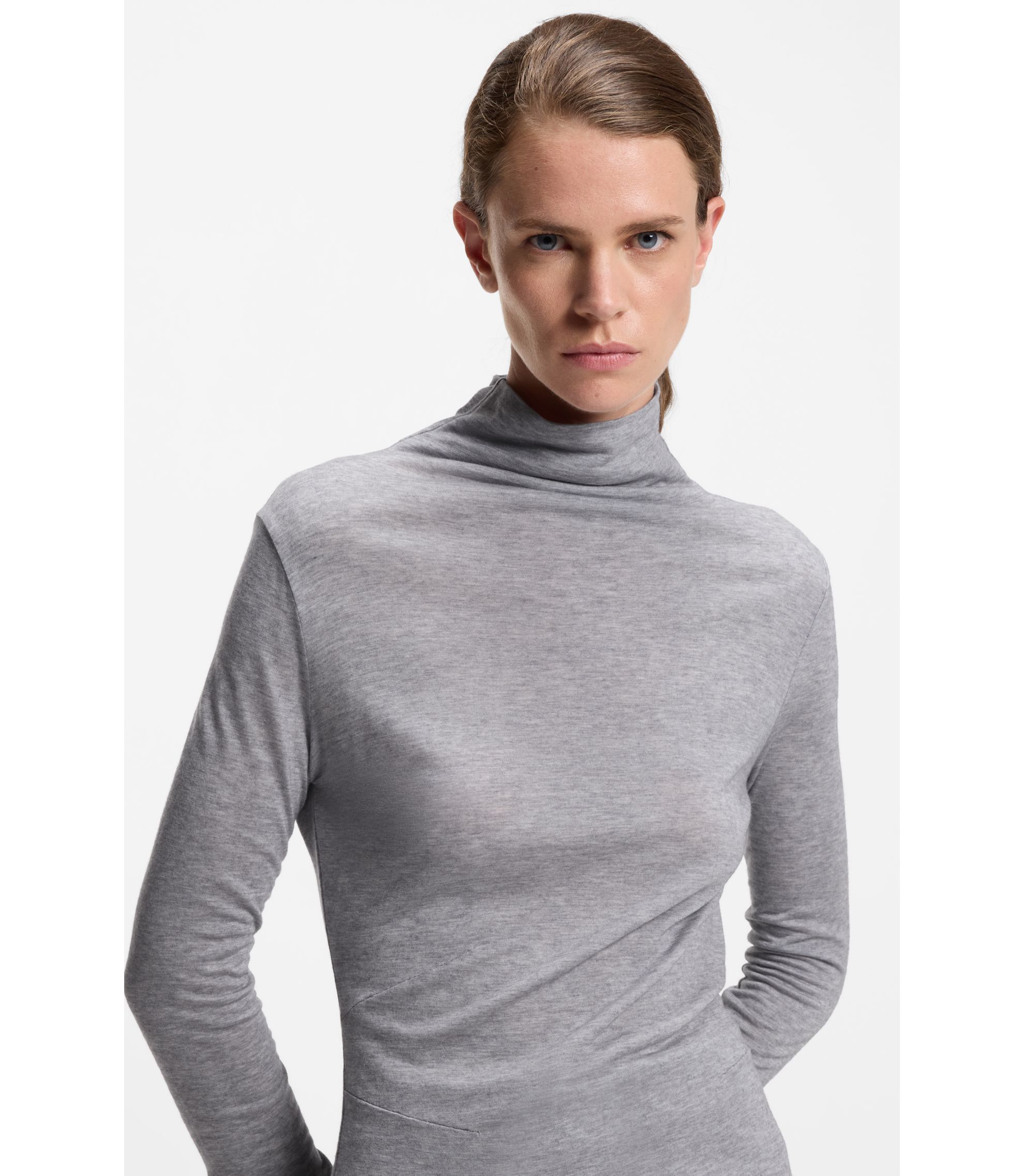 BOSS - High-neck top in soft jersey - Light Grey
