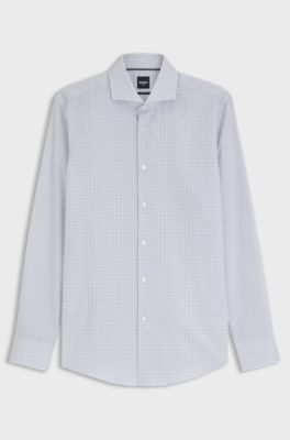 Slim-fit shirt in wrinkle-resistant printed Oxford cotton, Dark Blue