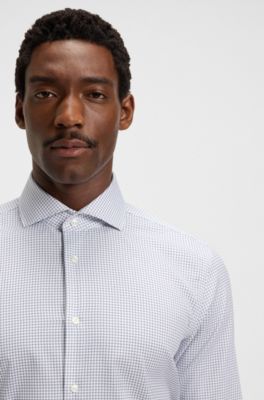 Slim-fit shirt in wrinkle-resistant printed Oxford cotton, Dark Blue