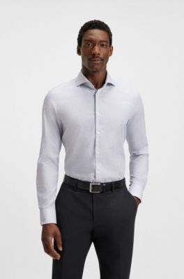 Slim-fit shirt in wrinkle-resistant printed Oxford cotton, Dark Blue