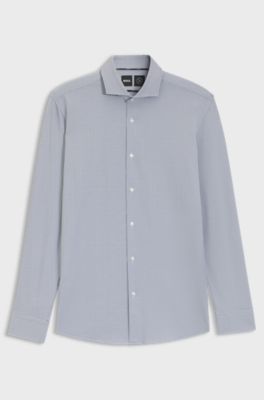 Slim-fit shirt in structured performance-stretch Italian jersey, Dark Blue