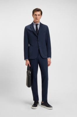 Slim-fit shirt in structured performance-stretch Italian jersey, Dark Blue