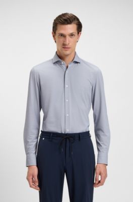 Slim-fit shirt in structured performance-stretch Italian jersey, Dark Blue