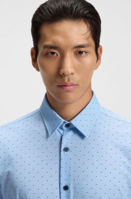 Slim-fit shirt in printed performance-stretch jersey, Blue Patterned
