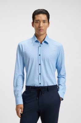 Slim-fit shirt in printed performance-stretch jersey, Blue Patterned