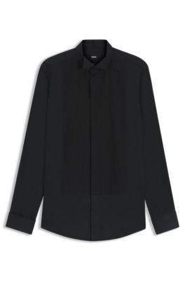 Slim-fit shirt in easy-iron cotton satin, Black