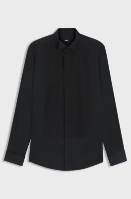 Slim-fit shirt in easy-iron cotton satin, Black