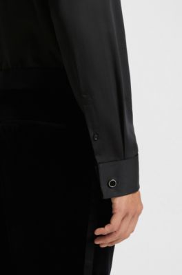 Slim-fit shirt in easy-iron cotton satin, Black