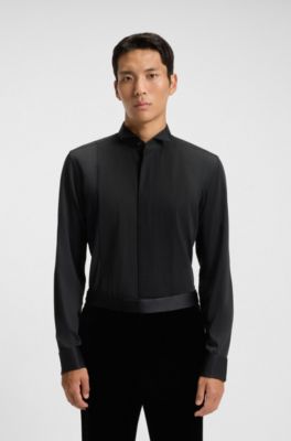 Slim-fit shirt in easy-iron cotton satin, Black