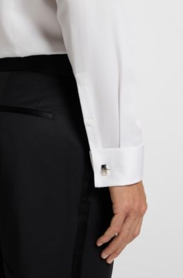 Camicia slim fit in satin di cotone facile da stirare, Bianco