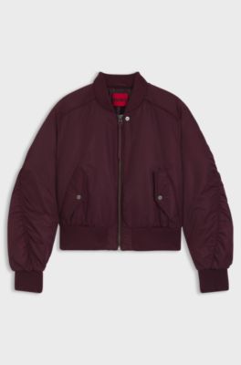 Padded bomber jacket in water-repellent fabric with ruching, Bordeaux