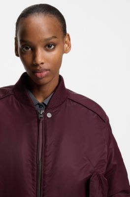 Padded bomber jacket in water-repellent fabric with ruching, Bordeaux