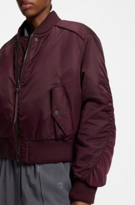 Padded bomber jacket in water-repellent fabric with ruching, Bordeaux