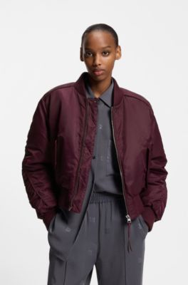 Padded bomber jacket in water-repellent fabric with ruching, Bordeaux