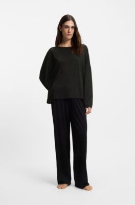 Monogram-print pyjama top with batwing sleeves, Black