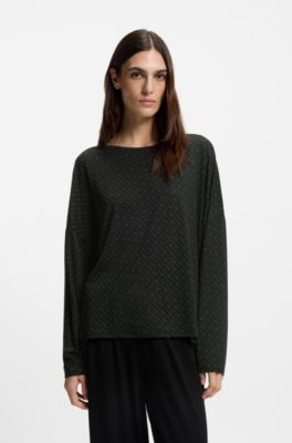 Maglia del pigiama con stampa monogramma e maniche a pipistrello, Nero