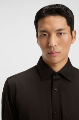 Slim-fit shirt in mercerised cotton, Dark Brown