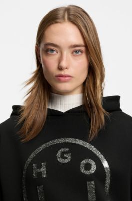 Sudadera de felpa de algod&oacute;n con capucha y logo Happy HUGO brillante, Negro