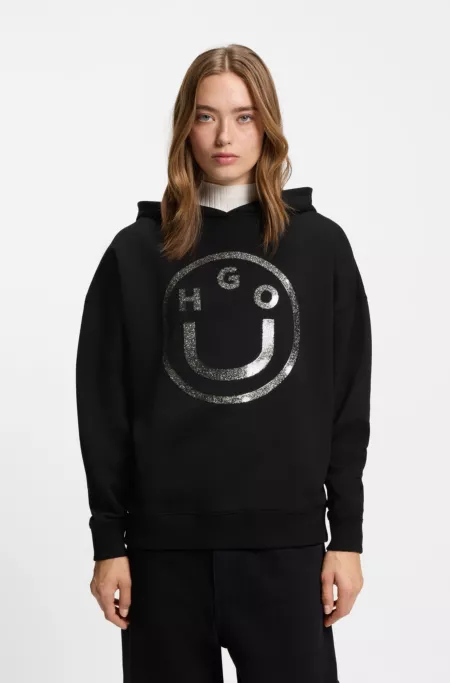 Cotton-terry hoodie with glittery Happy HUGO logo