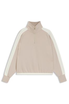 Zip-neck sweatshirt with contrast details, Light Beige
