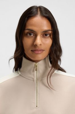 Felpa con colletto con zip e dettagli a contrasto, Beige chiaro