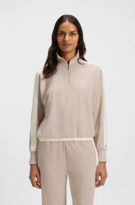 Sweatshirt met ritskraag en contrastdetails, Lichtbeige